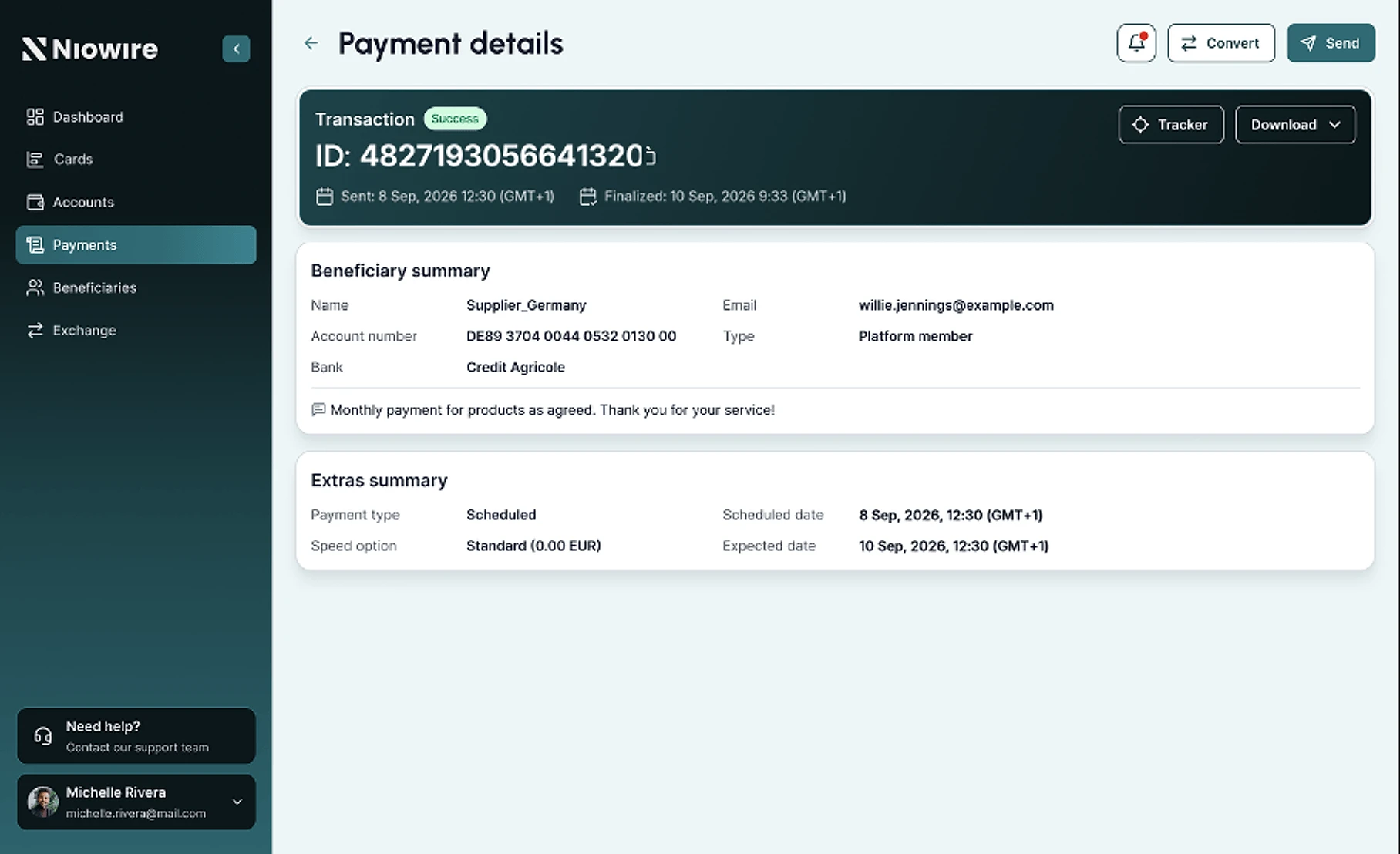 A completed payment in the Niowire platform: the transaction marked successful with the date it was sent and the date it was finalised, the beneficiary with their account number, and the payment type with its scheduled and expected dates.